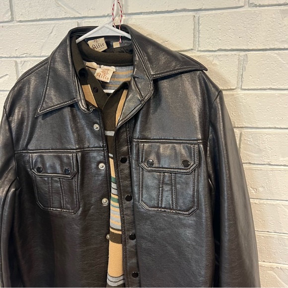 Vintage 70s Alfie California Brown Faux Leather Shacket and Sweater Set Mens L - Picture 3 of 14